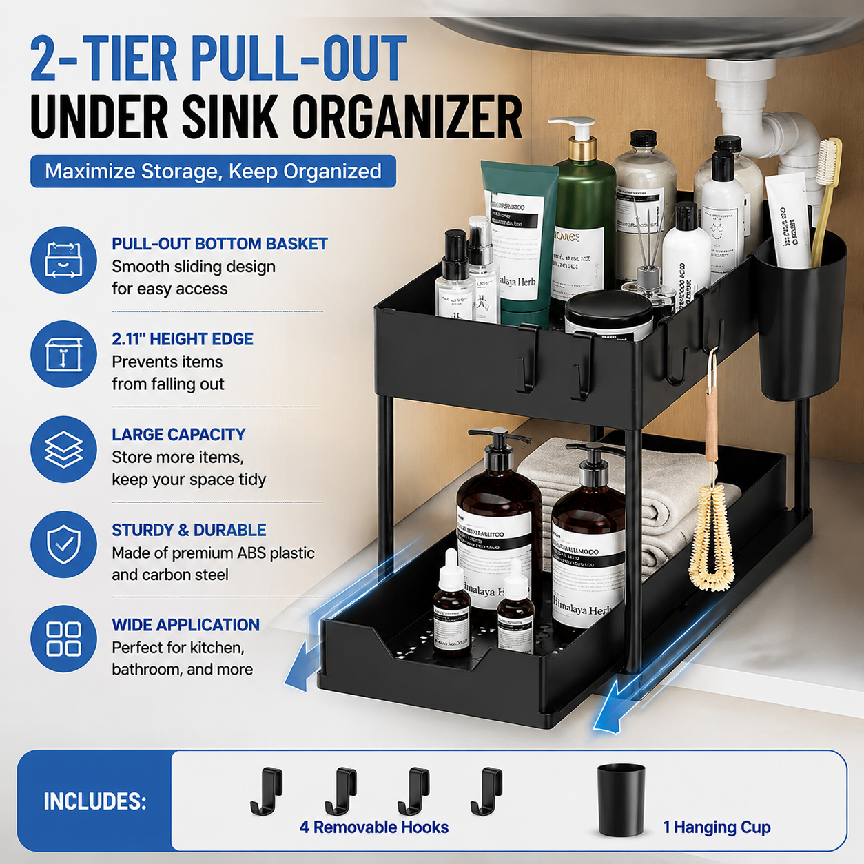Ordessa Two-Tier Under-Sink Organiser with Hooks