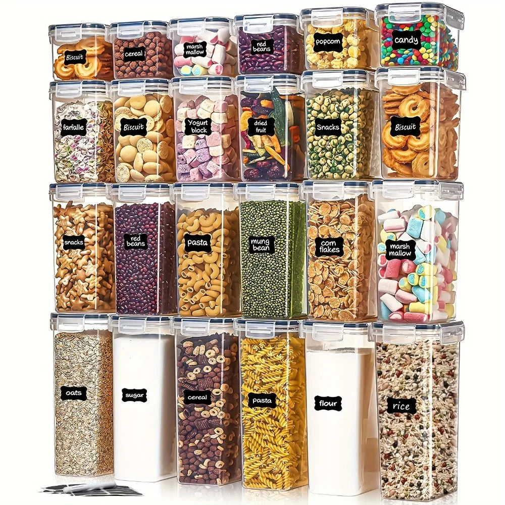 Twelve clear pantry storage containers filled with assorted dry ingredients