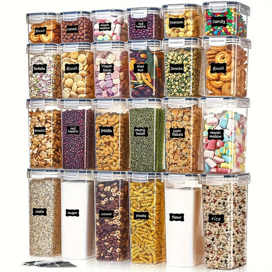 Twelve clear pantry storage containers filled with assorted dry ingredients