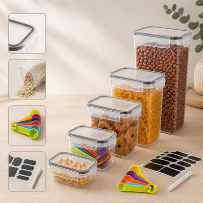 Pantry containers shown with the included measuring spoons and chalkboard labels