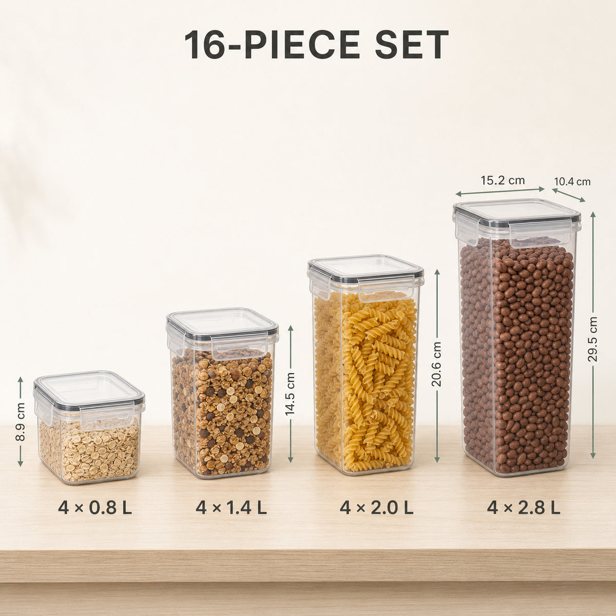Ordessa 16-piece pantry storage container set dimensions: four 0.8 L containers at 8.9 cm high, four 1.4 L at 14.5 cm, four 2.0 L at 20.6 cm and four 2.8 L at 29.5 cm; each is 15.2 × 10.4 cm.