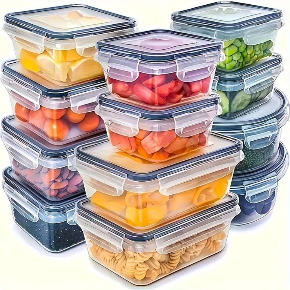 Eight clear food storage containers with matching locking-style lids