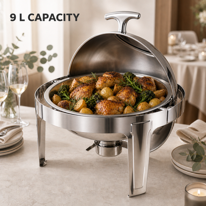 5-Star Chef 9 litre round roll-top chafing dish filled with food in a dining setting
