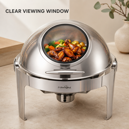 Circular clear viewing window on the closed roll-top lid of the 9 litre chafing dish