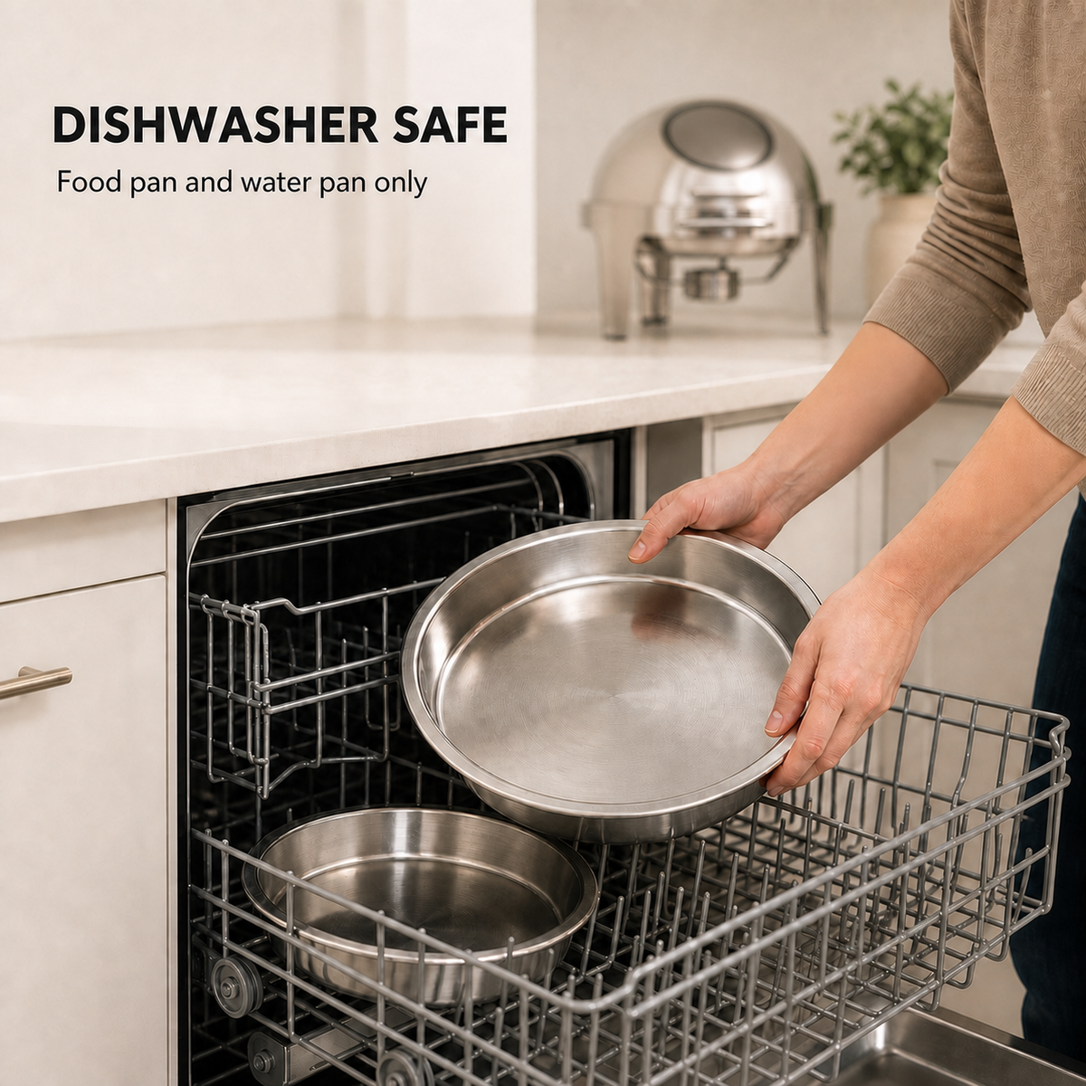 Removable food pan and water pan being placed in a dishwasher beside the chafing dish