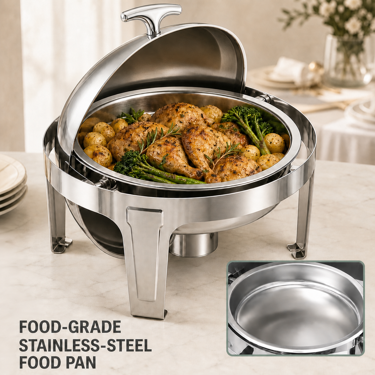 5-Star Chef chafing dish with food-grade stainless-steel food pan shown in close-up