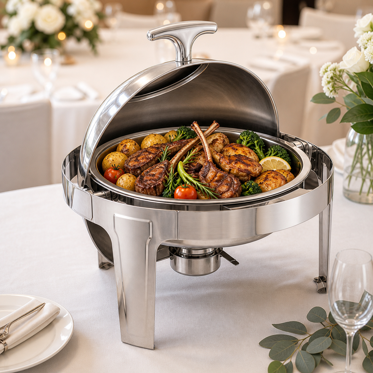 5-Star Chef 9L round roll-top chafing dish with clear viewing window in a buffet setting