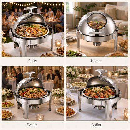 Round roll-top chafing dish shown at a party, home, catered event and buffet