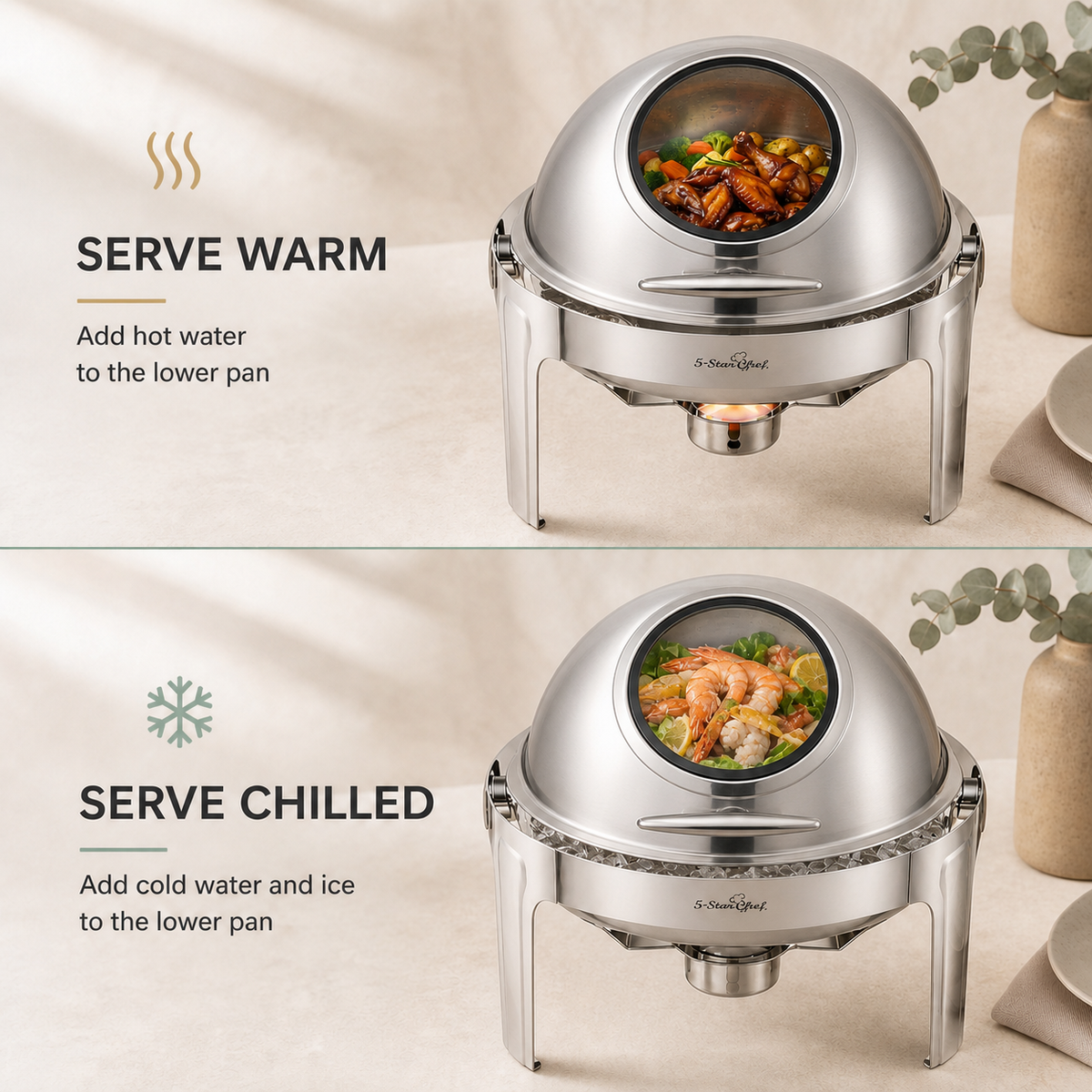 9 litre chafing dish shown for warm service with hot water and chilled service over ice