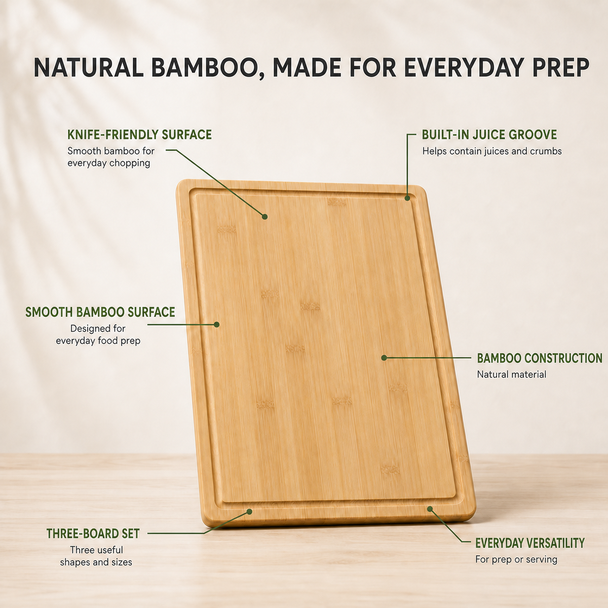 Bamboo cutting board showing a smooth knife-friendly surface and built-in juice groove
