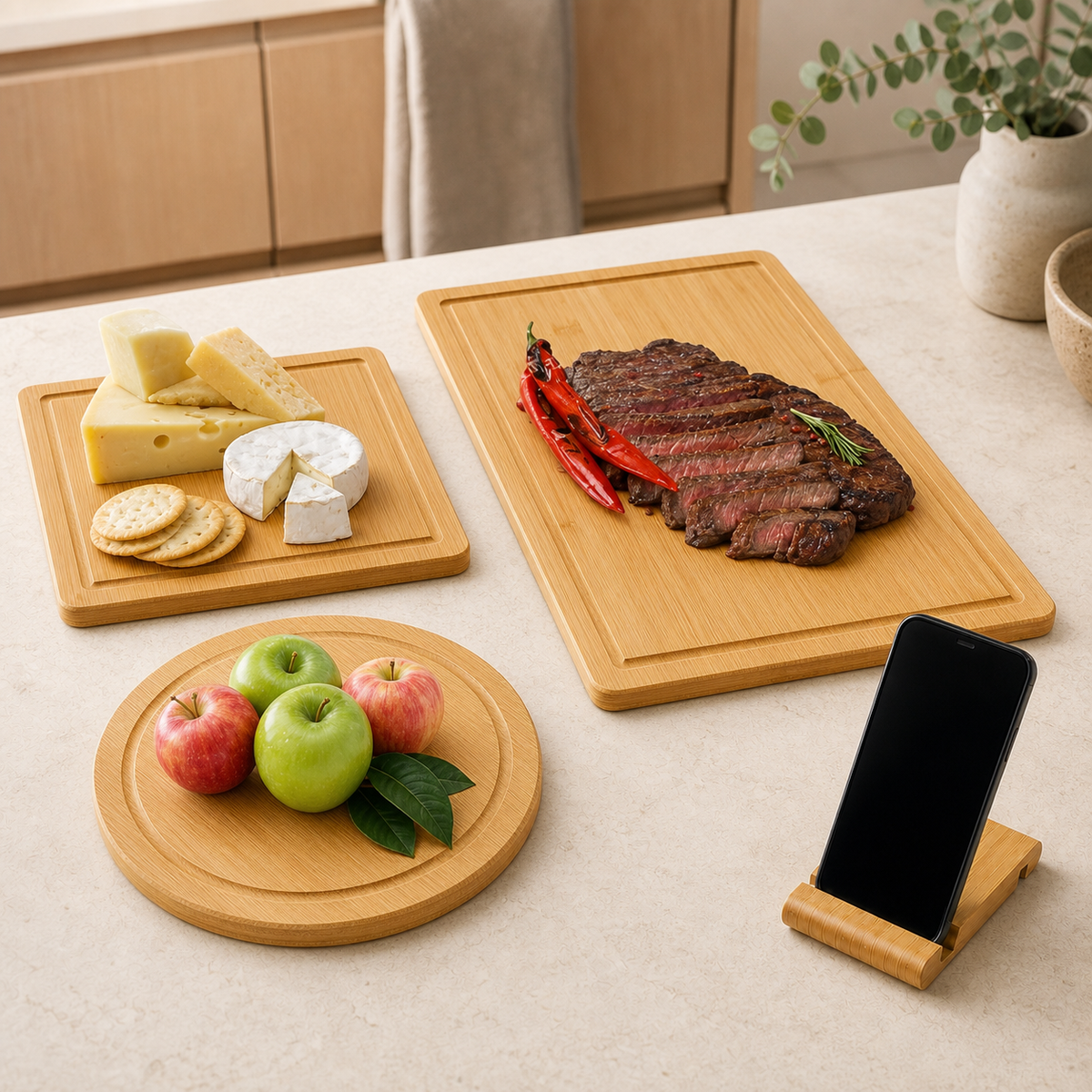 3-piece bamboo cutting board set with phone holder in a styled kitchen