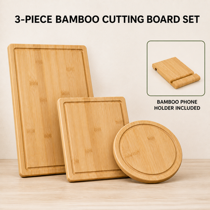 Rectangular, square and round bamboo cutting boards with included bamboo phone holder