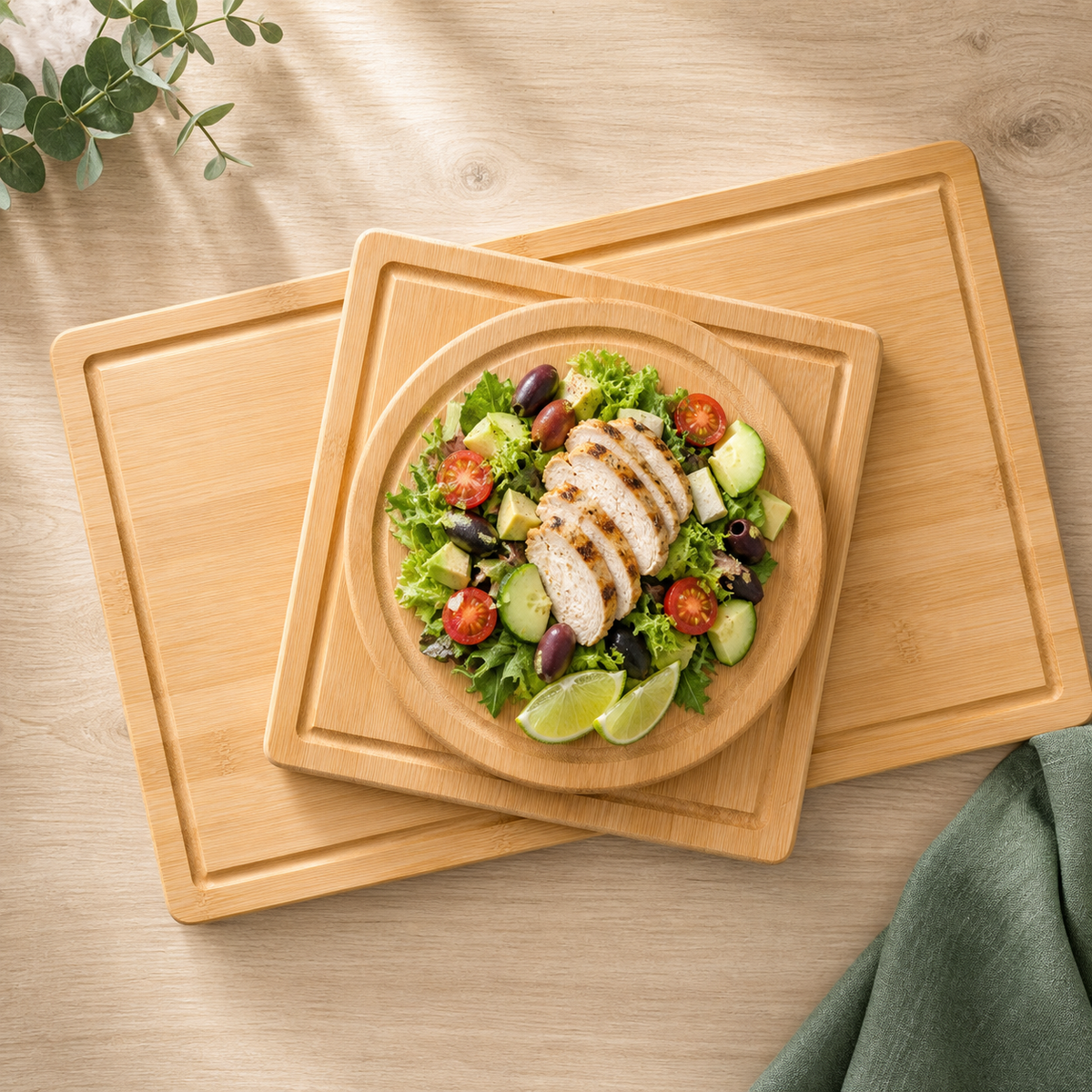 Three bamboo cutting boards with juice grooves styled with a prepared salad