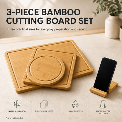 Three-piece bamboo cutting board set with juice grooves and included phone holder