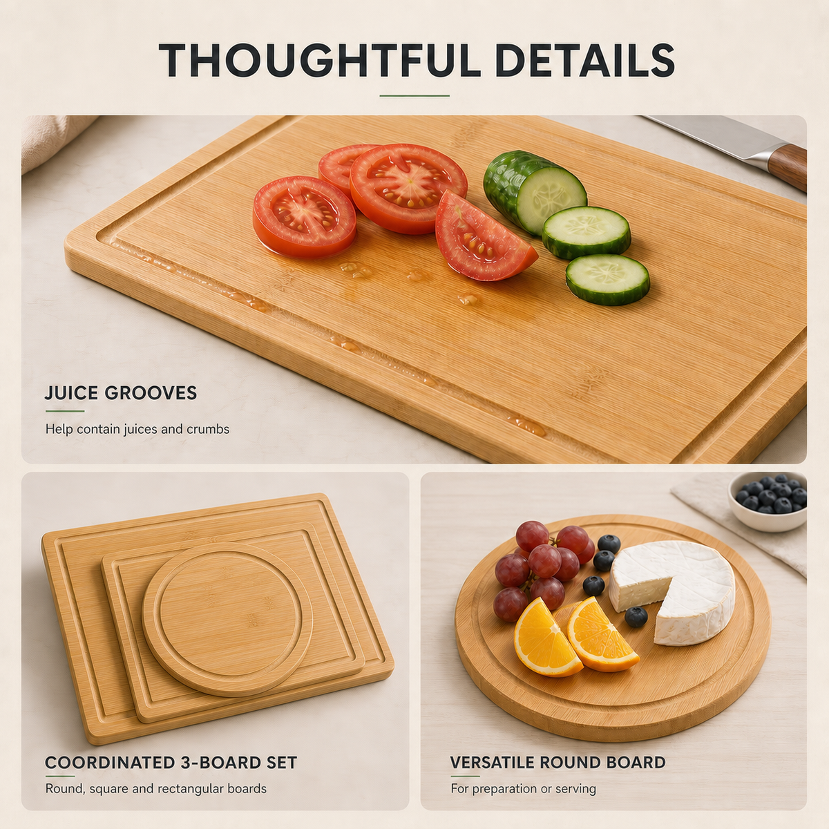 Bamboo cutting boards showing juice grooves, three board shapes and round serving use