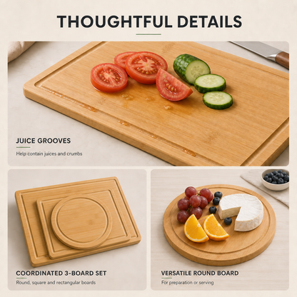Bamboo cutting boards showing juice grooves, three board shapes and round serving use