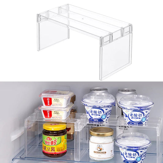 Clear freestanding shelf riser for organising items inside a refrigerator