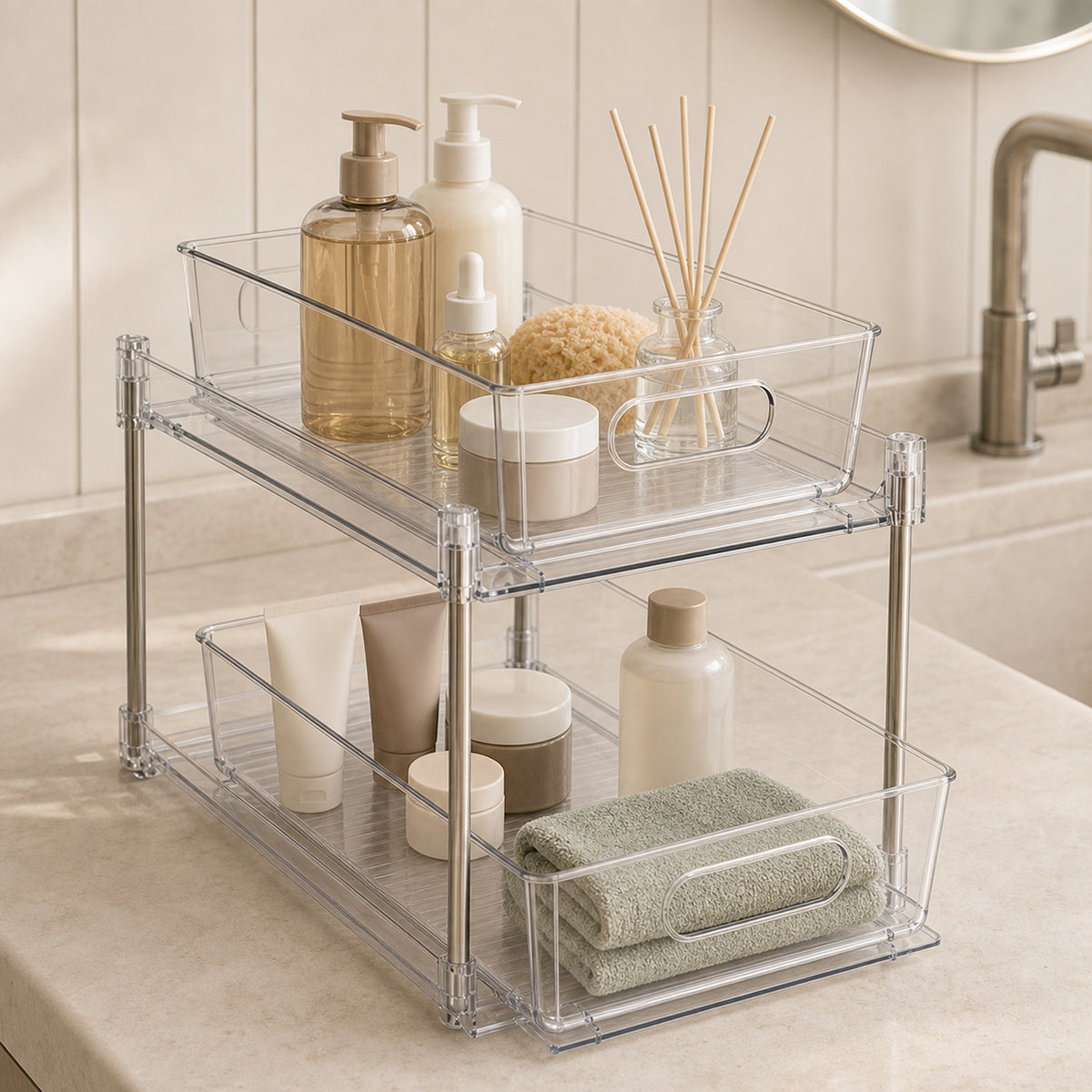 Clear two-tier pull-out organiser storing skincare bottles and towels inside a bathroom vanity