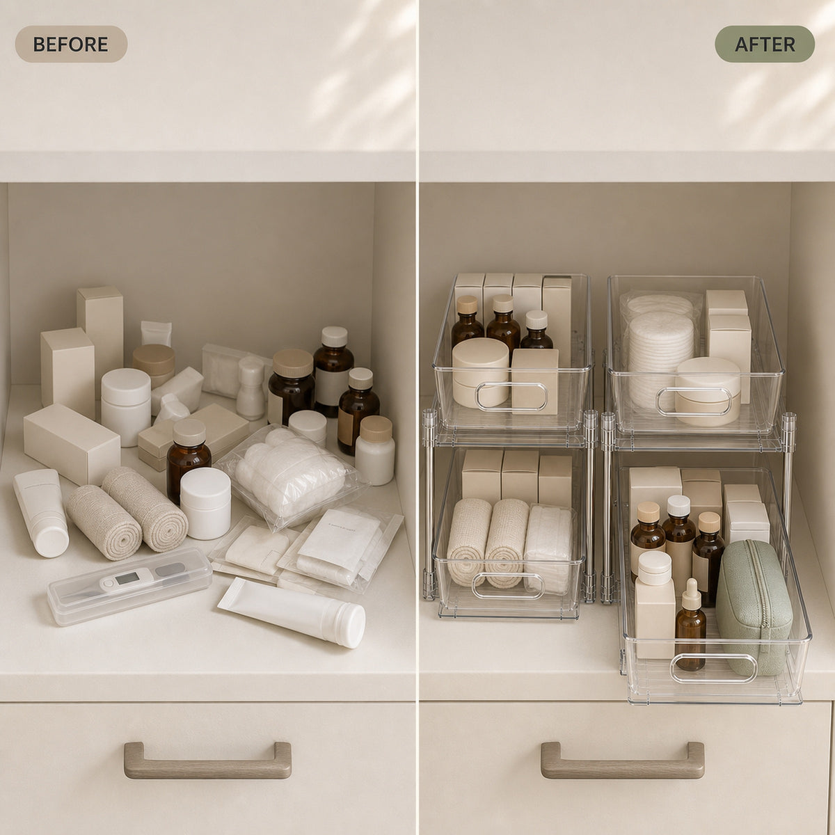 Before and after: loose bottles and packets in a vanity cupboard, then the same items sorted into two clear pull-out drawers