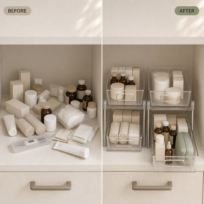 Before and after: loose bottles and packets in a vanity cupboard, then the same items sorted into two clear pull-out drawers