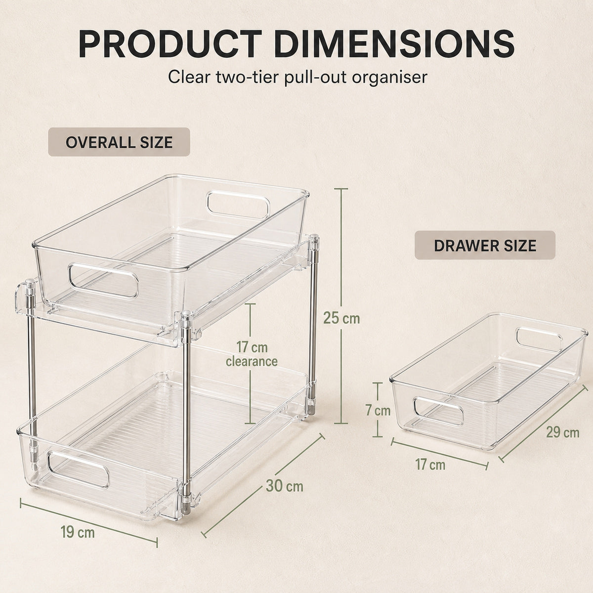 Dimensions: 19 cm wide, 30 cm deep and 25 cm high, with 17 cm clearance beneath the upper tier and a 29 by 17 by 7 cm drawer