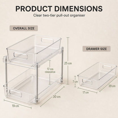 Dimensions: 19 cm wide, 30 cm deep and 25 cm high, with 17 cm clearance beneath the upper tier and a 29 by 17 by 7 cm drawer