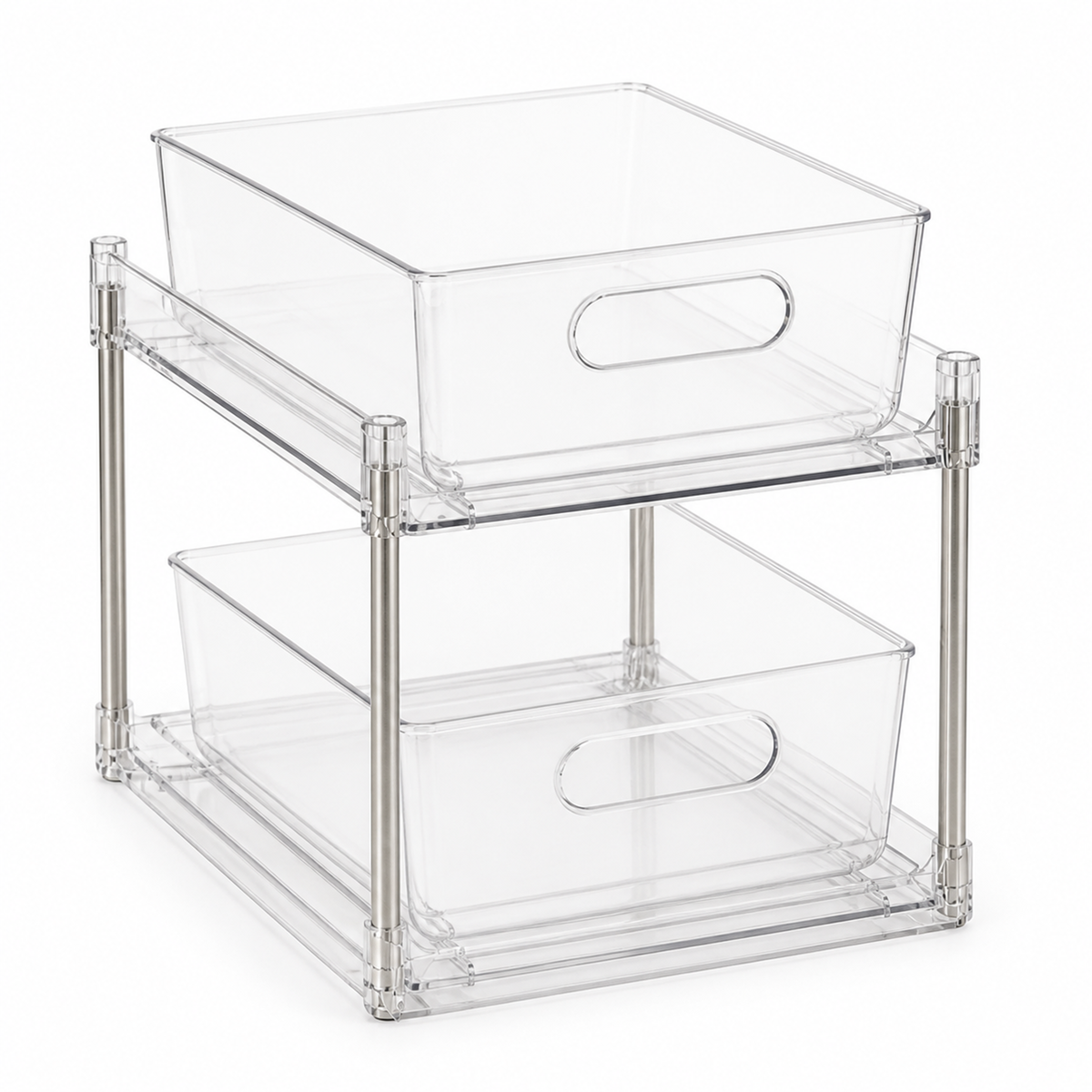 One complete clear two-tier pull-out organiser with two transparent drawers and four stainless-steel support posts on a white background