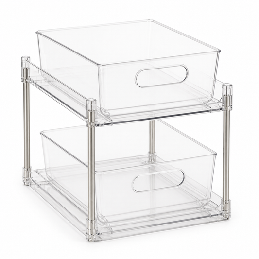 One complete clear two-tier pull-out organiser with two transparent drawers and four stainless-steel support posts on a white background