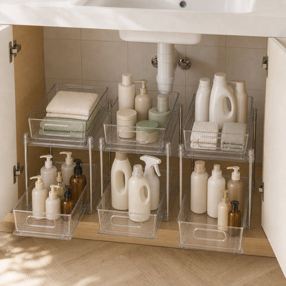 Both clear drawers filled with bathroom supplies to show capacity