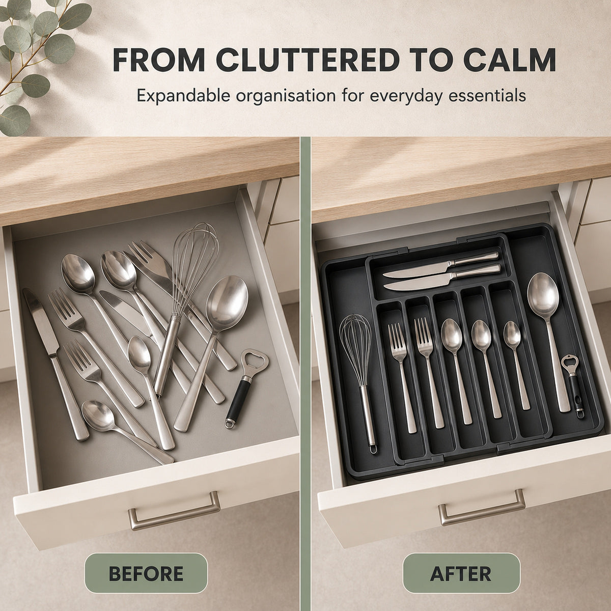Before and after: loose utensils in a drawer, then sorted into the expandable tray