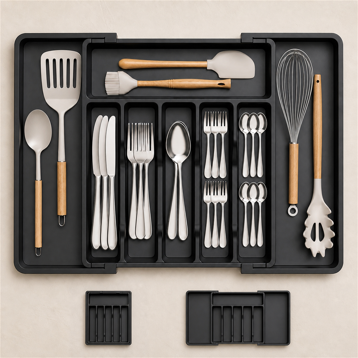 The cutlery tray in its closed position at its narrowest width