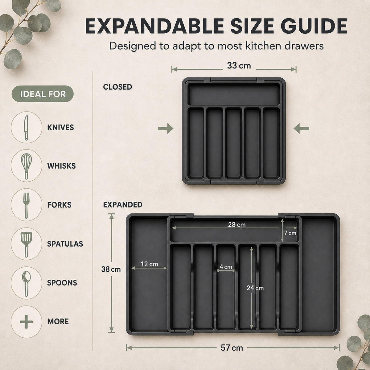 Size guide: 33 cm wide closed and 57 cm wide expanded, 38 cm deep, suited to knives, forks, spoons and larger utensils