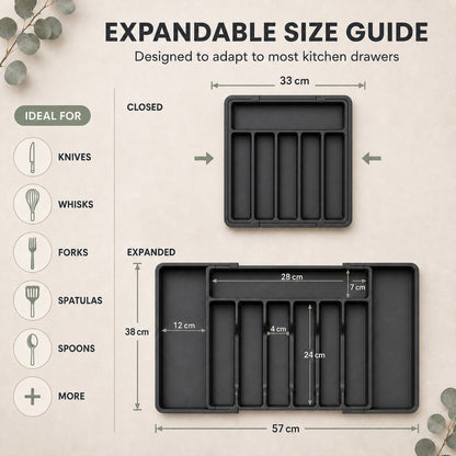 Size guide: 33 cm wide closed and 57 cm wide expanded, 38 cm deep, suited to knives, forks, spoons and larger utensils