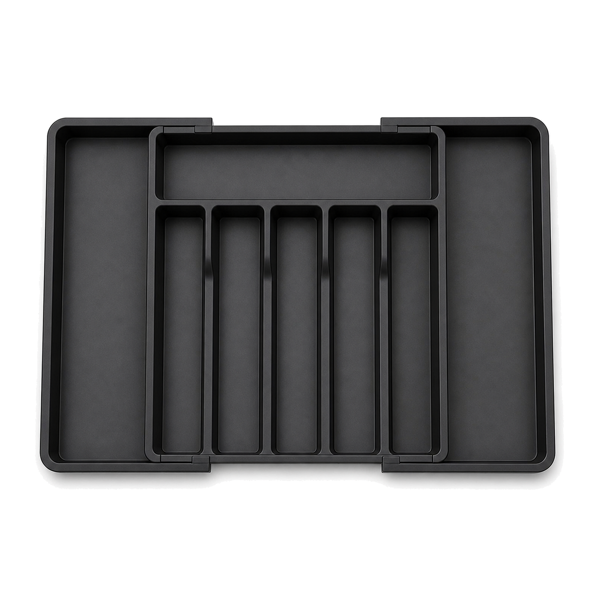 Black expandable cutlery drawer organiser with eight compartments when fully expanded, viewed from above on a white background