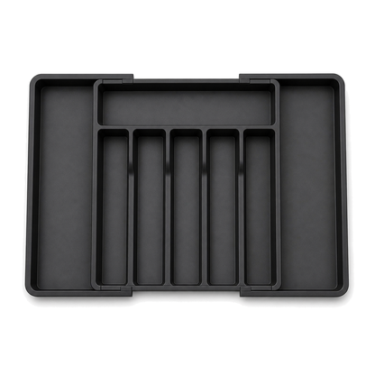 Black expandable cutlery drawer organiser with eight compartments when fully expanded, viewed from above on a white background