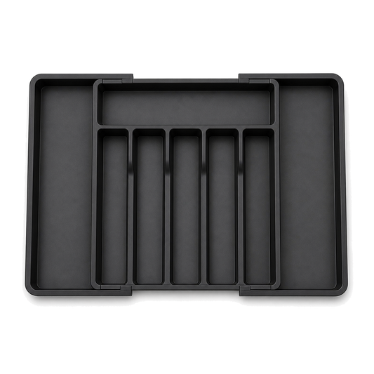 Black expandable cutlery drawer organiser with eight compartments when fully expanded, viewed from above on a white background