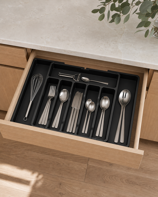 Black expandable cutlery tray holding knives, forks and spoons in a kitchen drawer