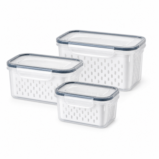 Three clear fridge produce containers with white perforated drain baskets and matching lids on a white background