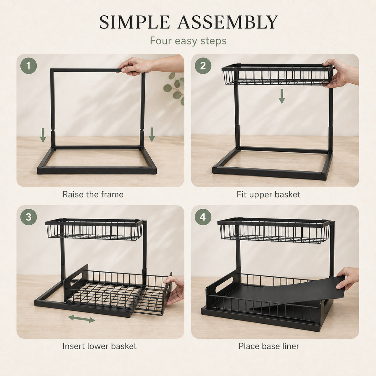 Four-step assembly: raise the frame, fit the upper basket, insert the lower basket, then place the base liner