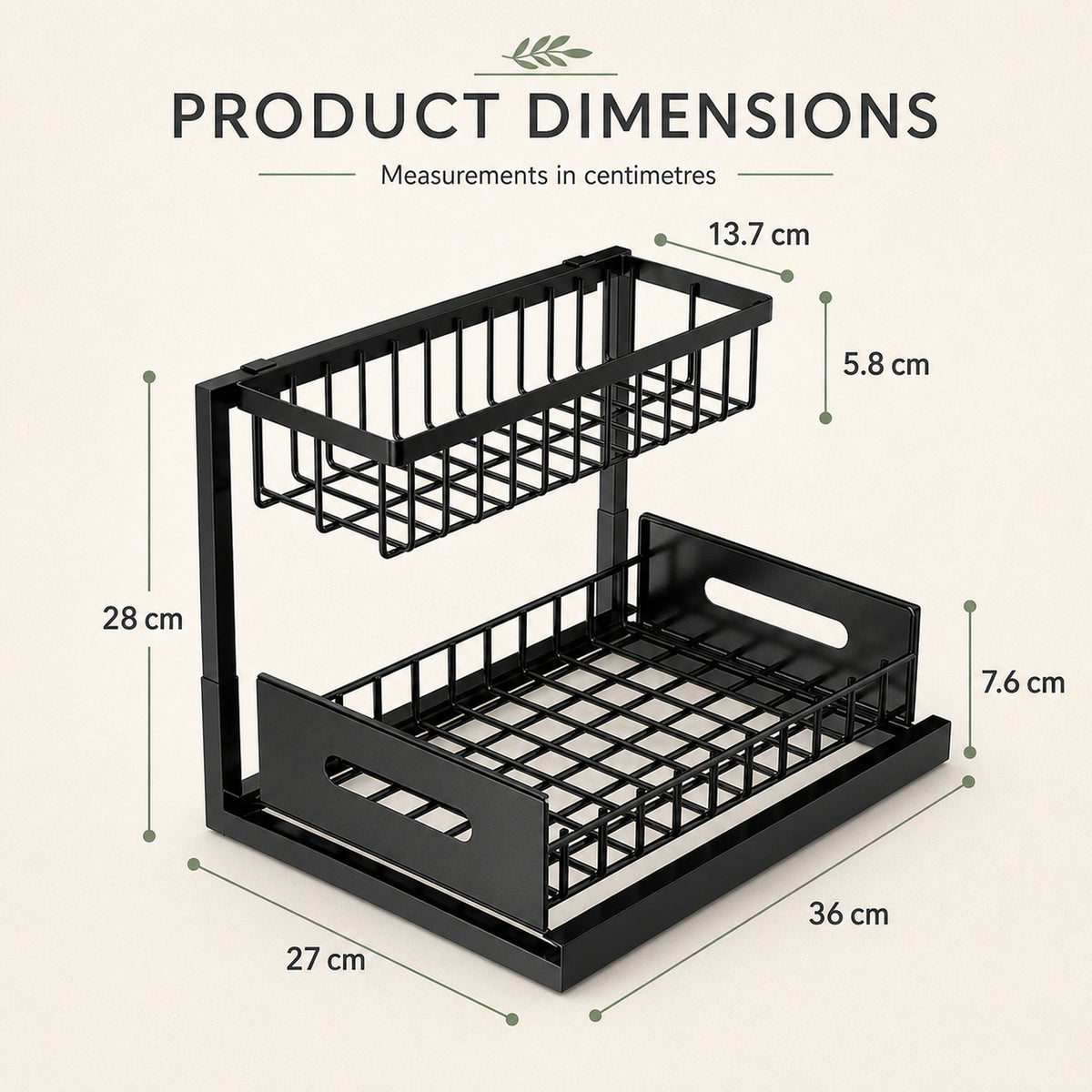 Dimensions: 36 cm wide, 27 cm deep and 28 cm high, with a 5.8 cm upper basket and a 7.6 cm lower basket