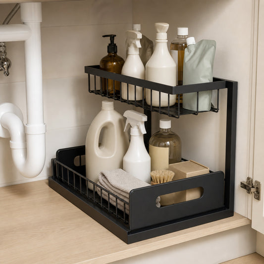 Black metal two-tier organiser holding detergent bottles and cloths under a sink, with the lower basket pulled out