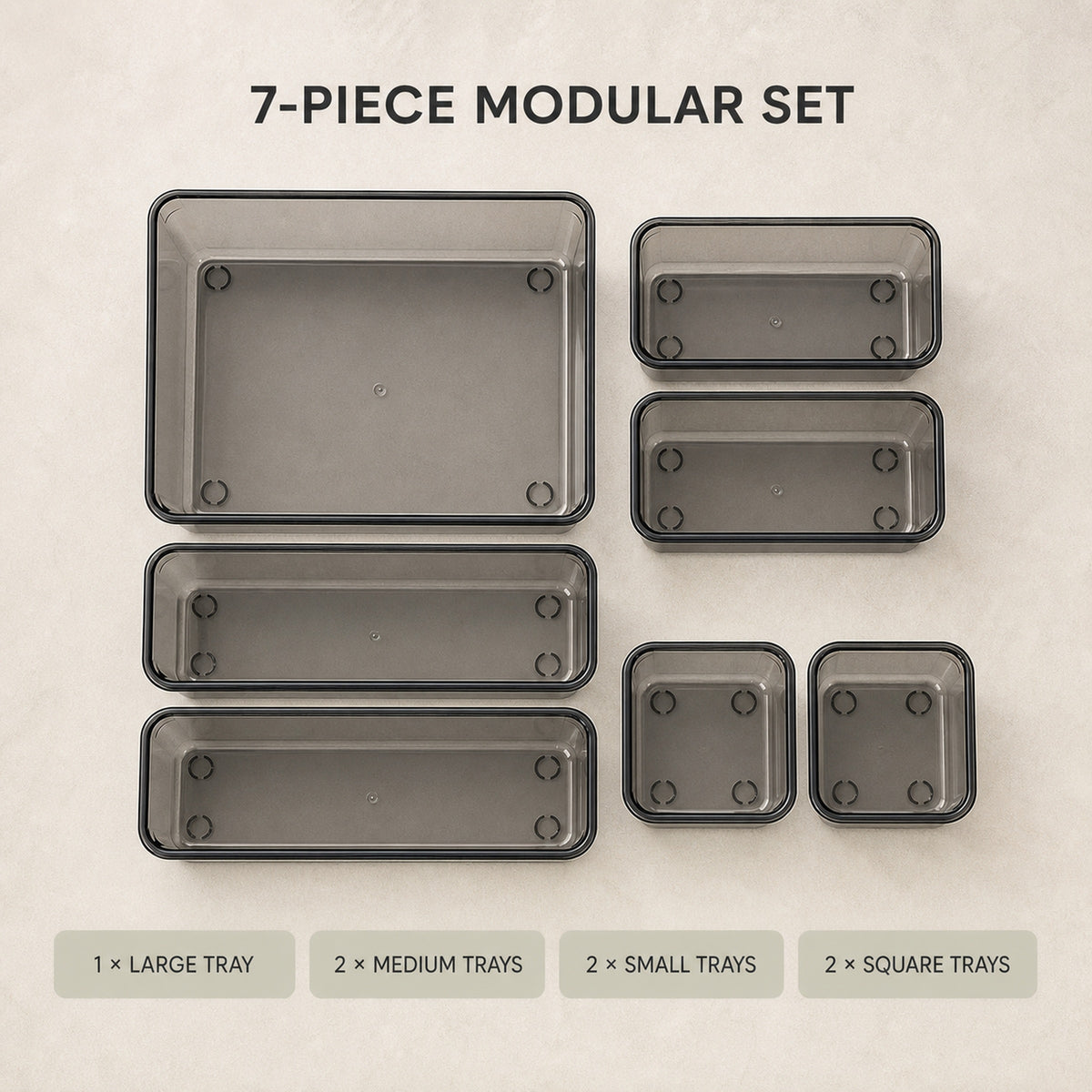 What's included: one large tray, two medium trays, two small trays and two square trays