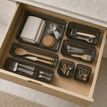Transparent-black modular trays organising utensils inside an open kitchen drawer