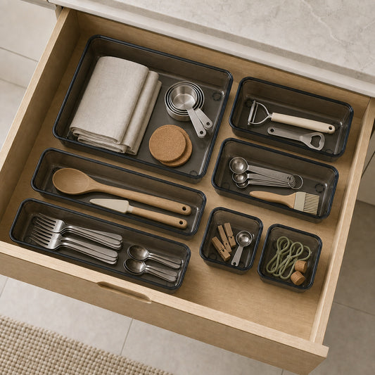 Transparent-black modular trays organising utensils inside an open kitchen drawer