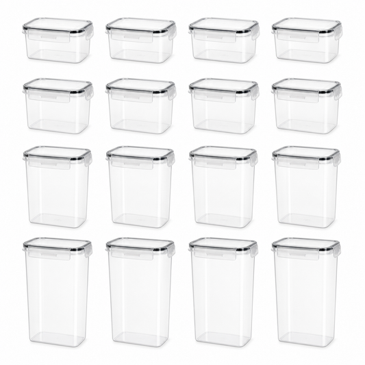 Sixteen clear rectangular pantry storage containers in four graduated sizes with locking lids on a white background