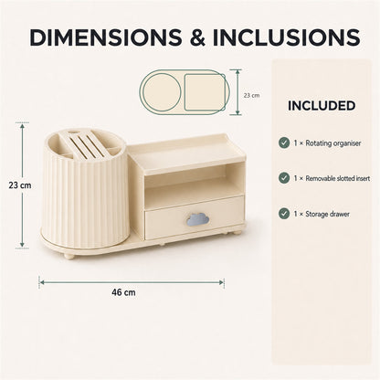 Dimensions: 46 cm wide, 23 cm deep and 23 cm high. Includes one rotating organiser, one removable slotted insert and one storage drawer