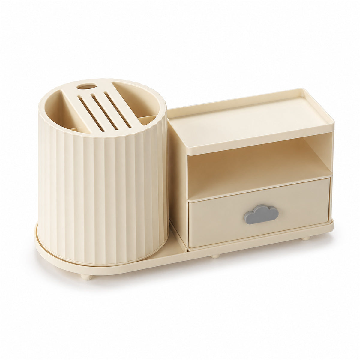 One warm-cream rotating kitchen countertop organiser with a fluted utensil holder, slotted knife insert, open shelf and lower drawer on a white background