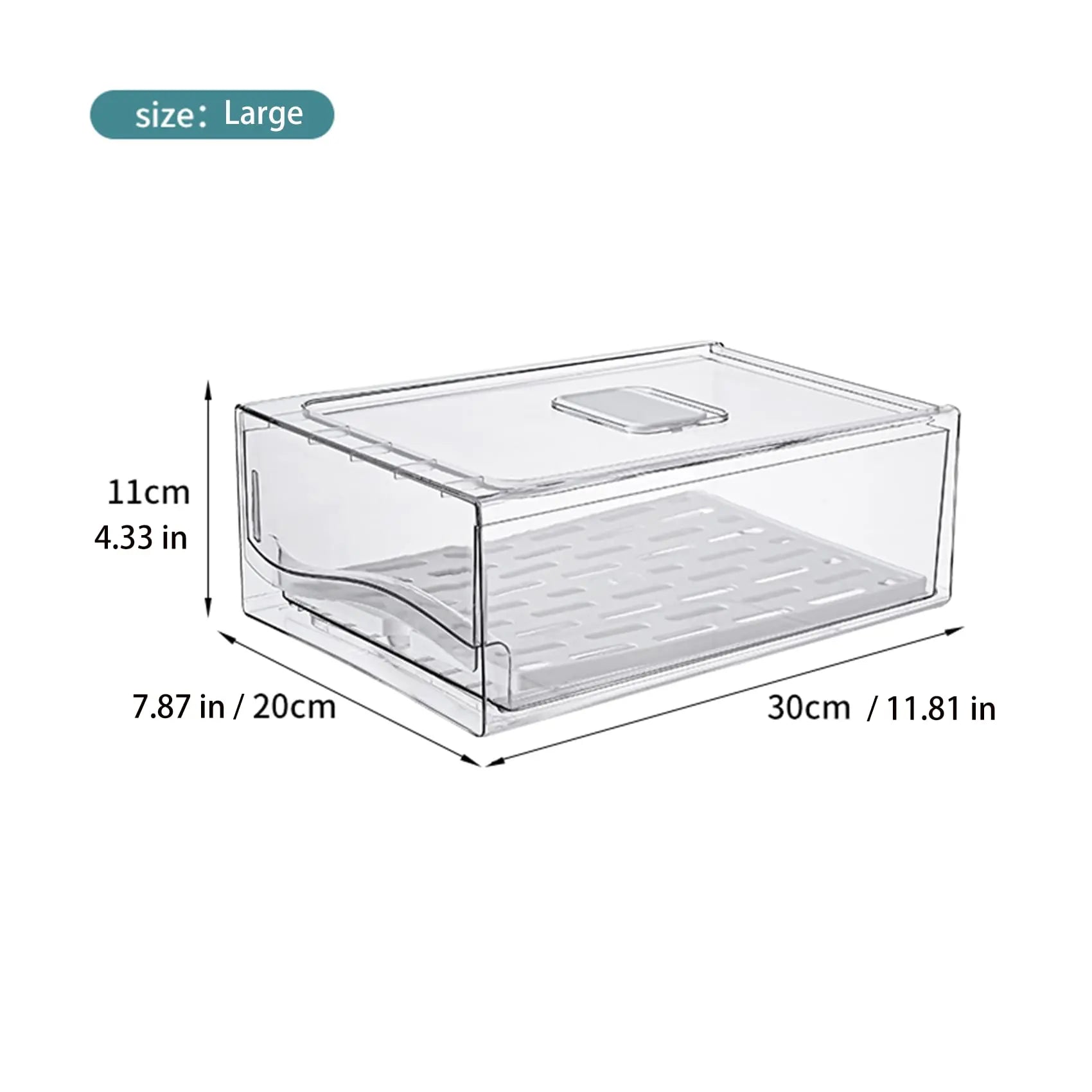Large stackable fridge drawer dimensions: 30 centimetres long, 20 centimetres wide and 11 centimetres high