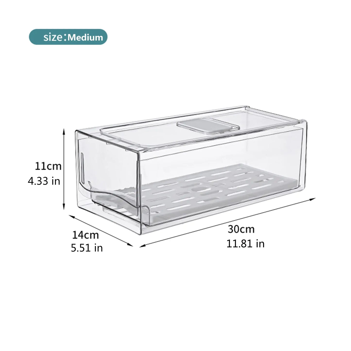 Medium stackable fridge drawer dimensions: 30 centimetres long, 14 centimetres wide and 11 centimetres high