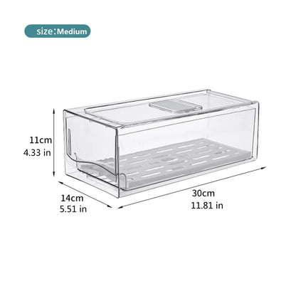 Medium stackable fridge drawer dimensions: 30 centimetres long, 14 centimetres wide and 11 centimetres high